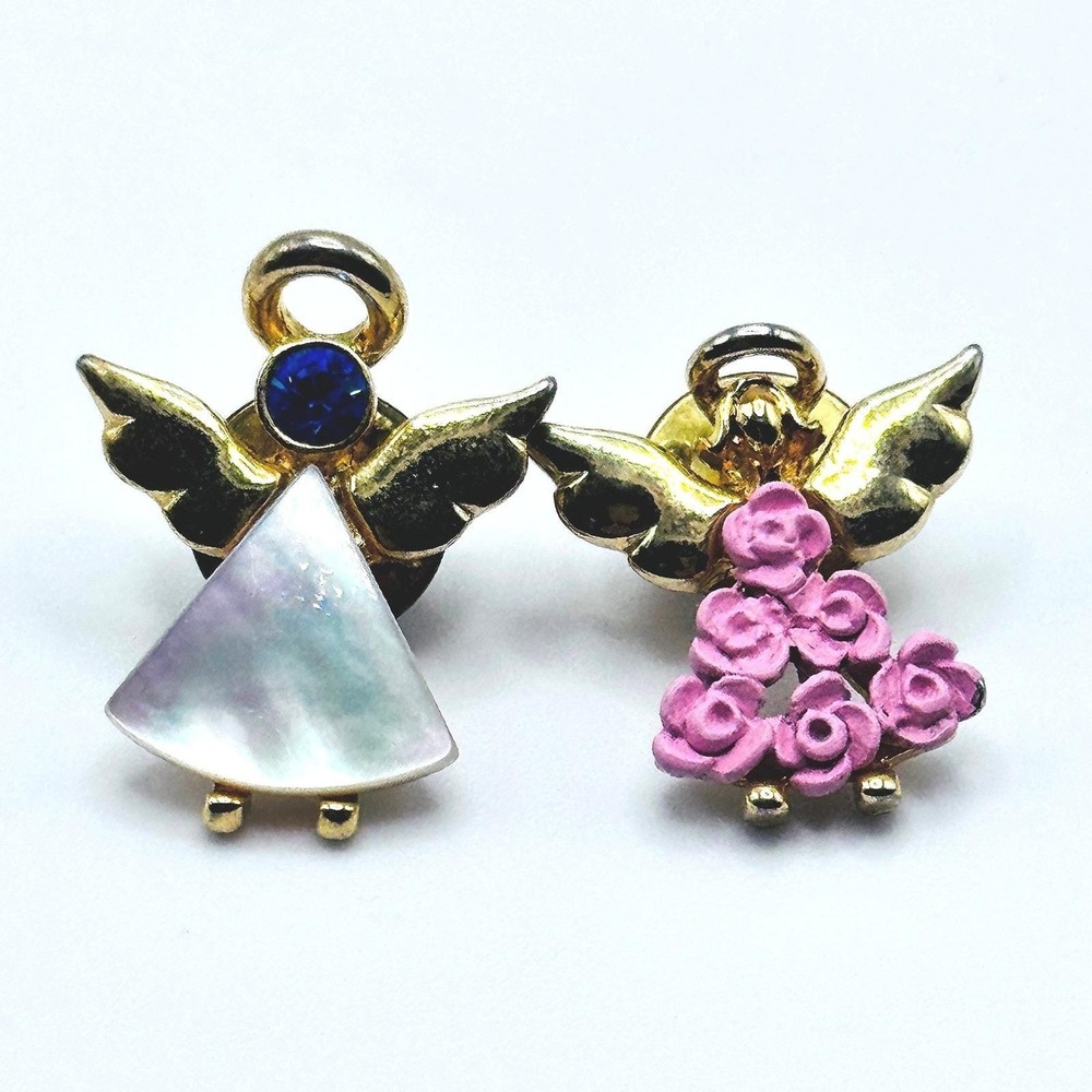 Vintage Angel Lapel Pins Gold Tone MOP Blue Rhinestone Pink Floral Tac Pin Set - Picture 4 of 7